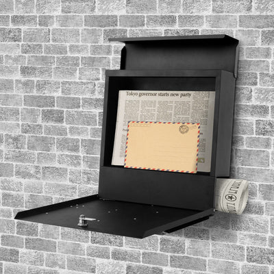 YOOBOX YOOBOX Wall-Mount Mailbox for House Outside, Security Key Drop Box with Lock and Keys, Steel Metal Mail Box with Newspaper Compartment, 14.57 x 14.57 x 4.33 Inch, Black, MD021 X-Large